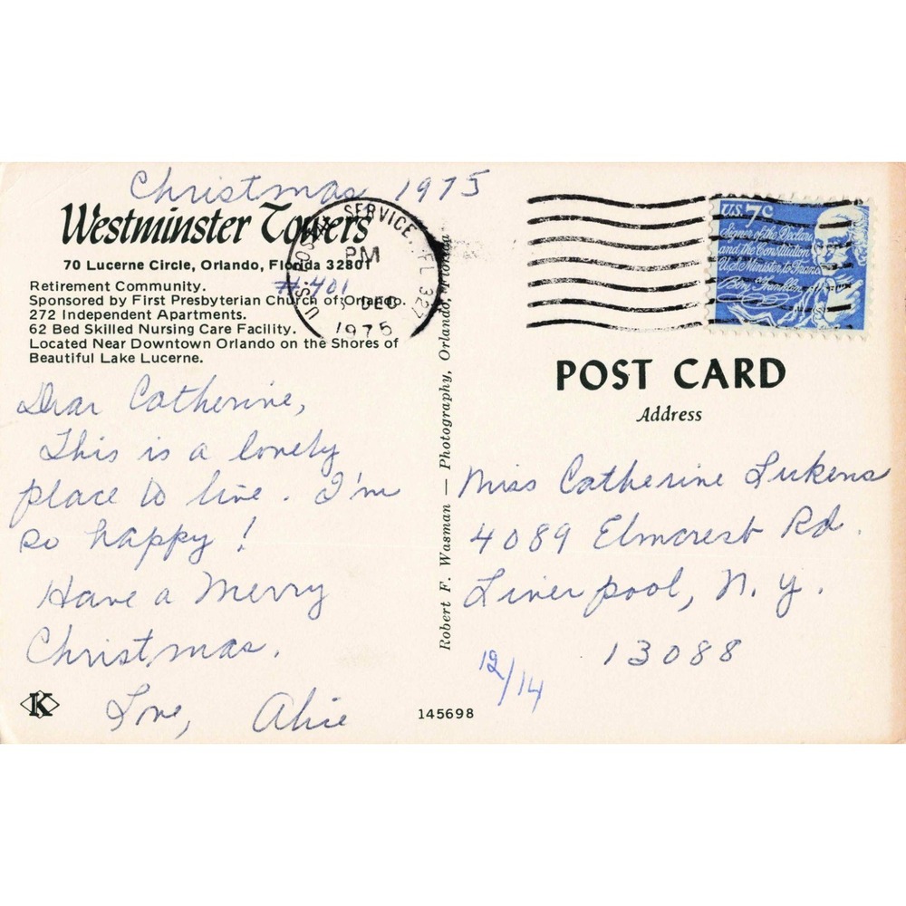 Vintage 1975 Westminster Towers Orlando Florida Postcard Lake Lucerne VG- - Picture 2 of 2
